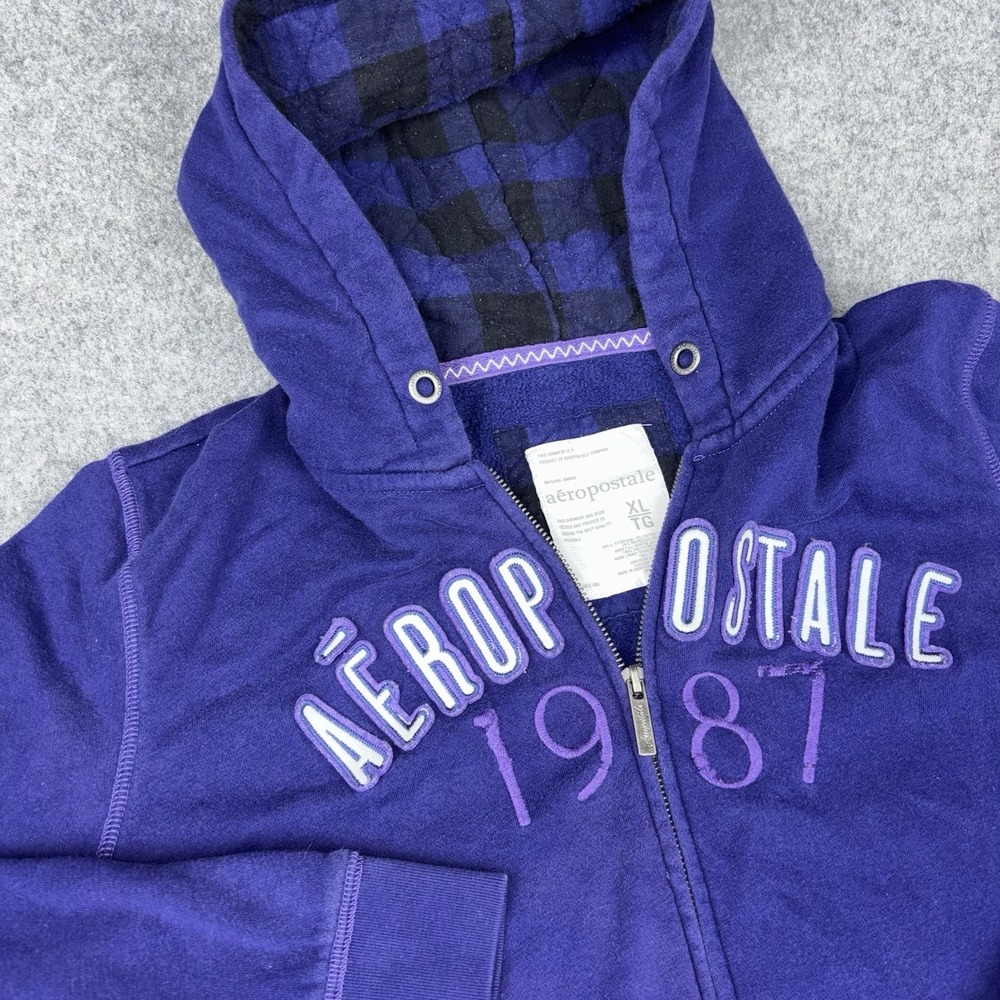 Aeropostale Full Zip Hoodie Women's XL Purple Fleece Plaid Lined Y2K Spellout